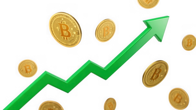 Green arrow graph showing upward trend with bitcoin coins isolated on transparent background