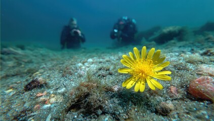 Underwater scene with divers and a bright yellow flower