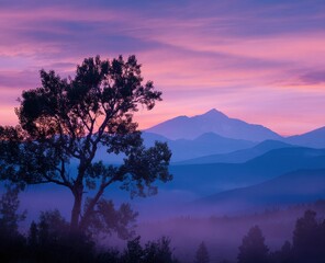 Misty mountain sunrise with a lone tree