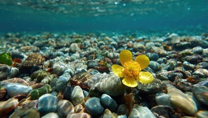 Underwater flower amidst pebbles