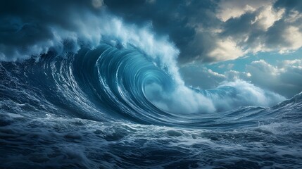 Giant ocean wave with turquoise crest and white foam breaking under a dramatic cloudy sky