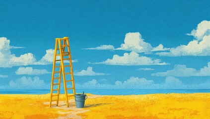 Sunny beach scene with ladder and bucket