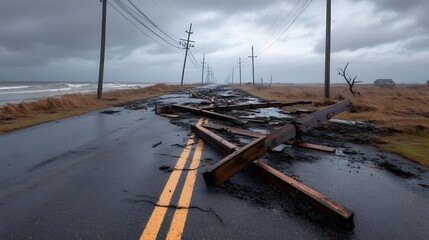 Storm damaged coastal road with scattered debris broken utility poles and high waves under an overcast sky