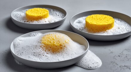 Yellow sponges in gray bowls with foam