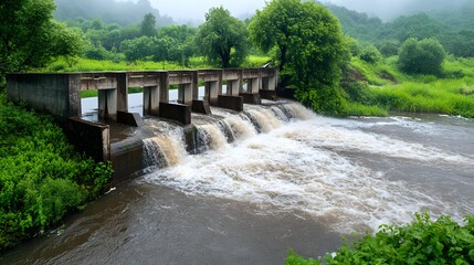 Obraz premium Water flows over a concrete dam structure surrounded by dense green foliage and trees in a misty lush landscape