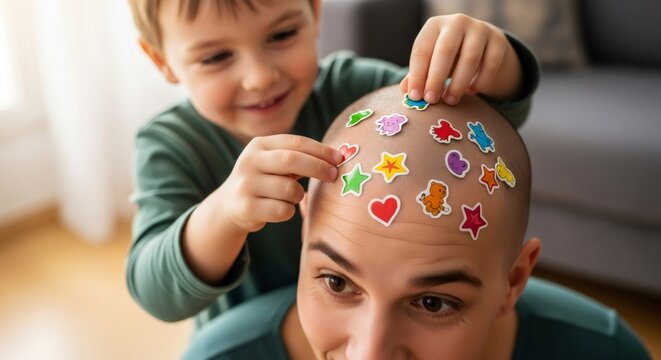 Joyful boy placing colorful stickers on a man's bald head. Father and son playing together. Hair loss and baldness concept. Family fun for Father's Day.