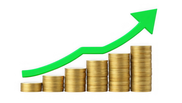 Green arrow showing financial growth over stacked coins isolated on transparent background