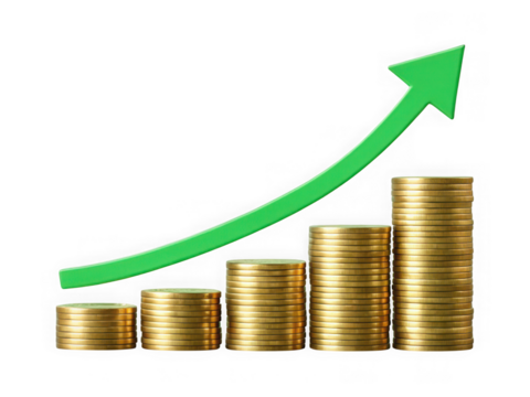 Rising stack of gold coins with upward green arrow isolated on transparent background