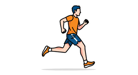 Obraz premium Dynamic cartoon illustration of a running man exercising for sport and fitness with blue hair and orange shirt
