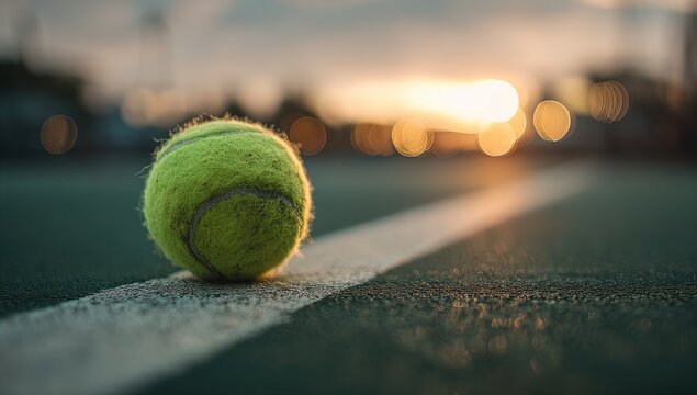 Tennis ball resting on court at sunset - Powered by Adobe