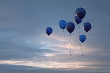 Obraz premium Several dark blue balloons floating in a soft, cloudy sky at dawn or dusk