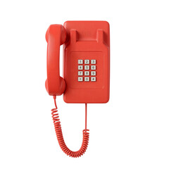 Vibrant coral red vintage wall telephone against a stark black backdrop representing antiquated