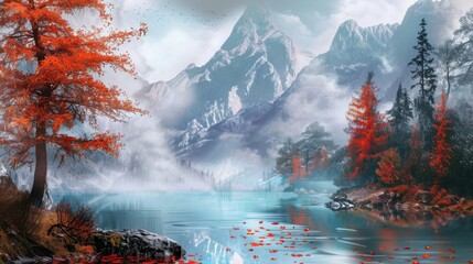 Seasonal Forest Landscapes: Pine/Fir Trees, Winter Snowy Mountains & Sunset Lake Water Views