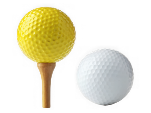 Yellow golf ball on tee and white golf ball isolated on transparent background