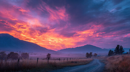 Obraz premium Vibrant sunset over mountains with colorful clouds illuminating the sky, winding dirt road leading through grassy fields, tranquil and picturesque landscape at dusk.