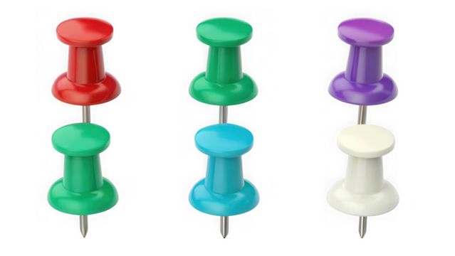 Collection of colorful push pins isolated on transparent background