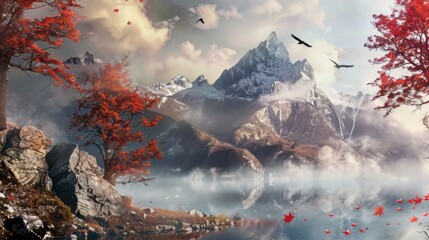 Seasonal Forest Landscapes: Pine/Fir Trees, Winter Snowy Mountains & Sunset Lake Water Views