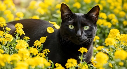 Elegant feline posing gracefully amidst a vibrant sea of golden blossoms
