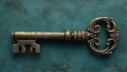 Antique brass key on teal background