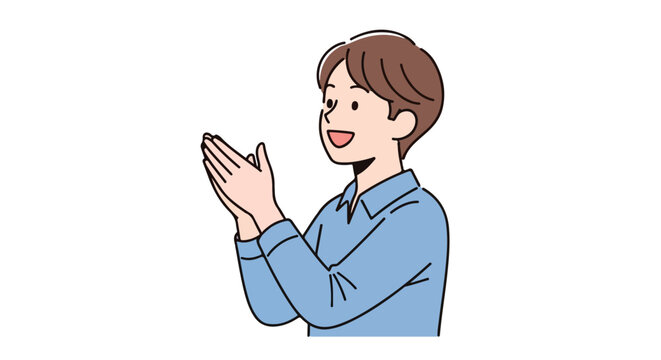 Delighted young man with short brown hair expressing joy with an enthusiastic applause of positive feedback and celebration