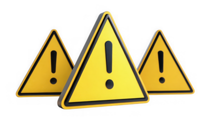 Three yellow warning signs with exclamation marks isolated on transparent background