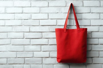 Red tote bag on a white brick wall