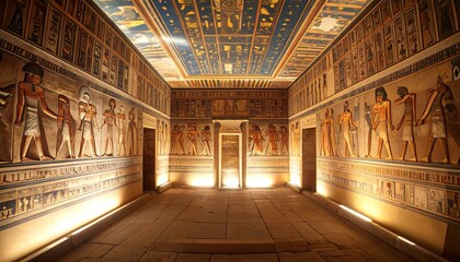 Ancient Egyptian tomb interior, ornate murals