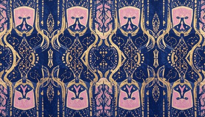 Intricate, symmetrical pattern in deep navy with gold and blush pink