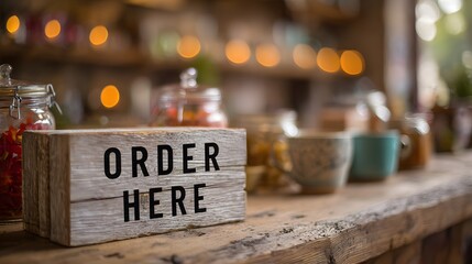 Order here sign on rustic wooden cafe counter.
