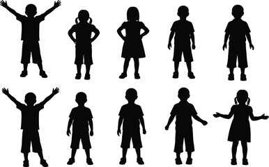 Children silhouettes in playful poses, perfect for education, childhood, parenting, or school-themed vector illustrations with diverse gestures, joyful expressions,