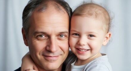 Happy man and baby with thinning hair showing hair loss problem. Hair care and health for baldness. Human hair issue.