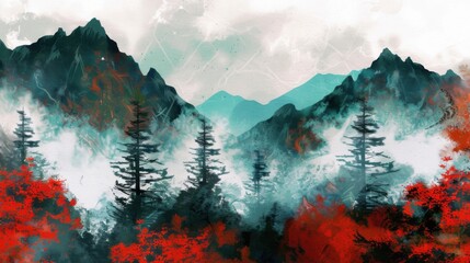 Seasonal Forest Landscapes: Pine/Fir Trees, Winter Snowy Mountains & Sunset Lake Water Views