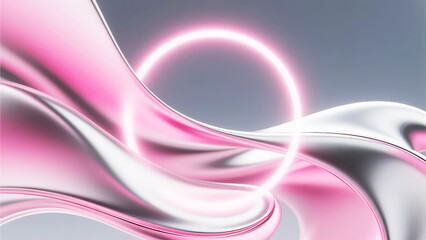 Abstract flowing waves with glowing pink ring in a futuristic design