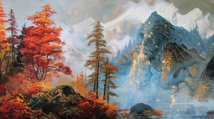 Seasonal Forest Landscapes: Pine/Fir Trees, Winter Snowy Mountains & Sunset Lake Water Views