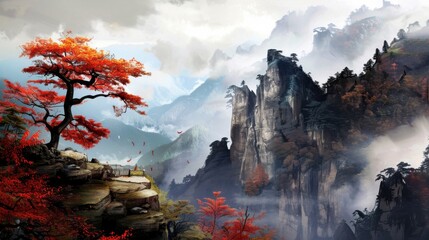 Seasonal Forest Landscapes: Pine/Fir Trees, Winter Snowy Mountains & Sunset Lake Water Views