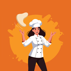 Naklejka premium Cheerful chef tossing dough against orange backdrop