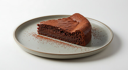 Decadent Dark Chocolate Cake Slice on Plate with Cocoa Dusting