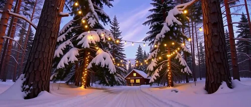 A cozy, rustic cabin in a snowy forest decorated with warm Christmas lights.