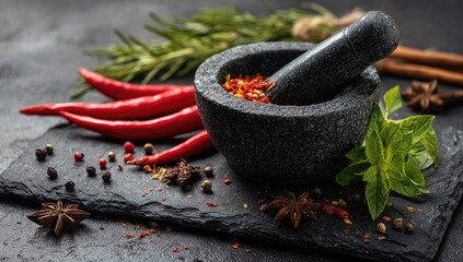 Aromatic spices and herbs on dark slate