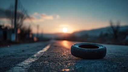 A discarded tire on a road at sunset (1)