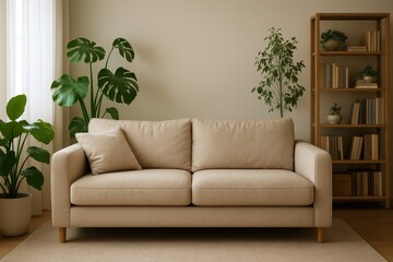 Fototapeta premium Bright airy living room virtual backdrop with large windows soft curtains and tasteful decor designed as a professional video meeting background that flatters and feels natural