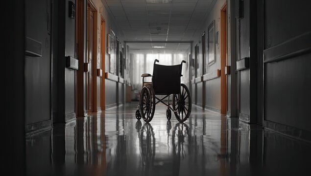 Empty hospital corridor with wheelchair (1)