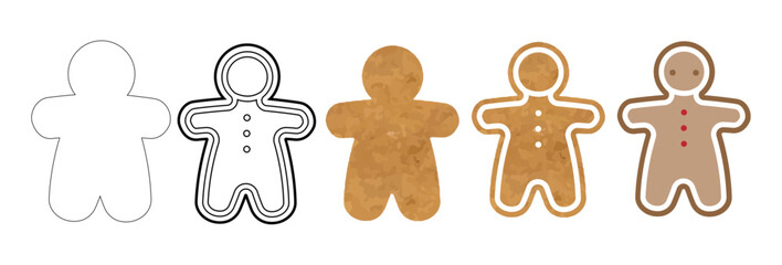 Vector illustration of gingerbread man evolution. Christmas cookie outline, contour, texture and decorated versions on white background.