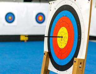 Archery target with arrow in bullseye