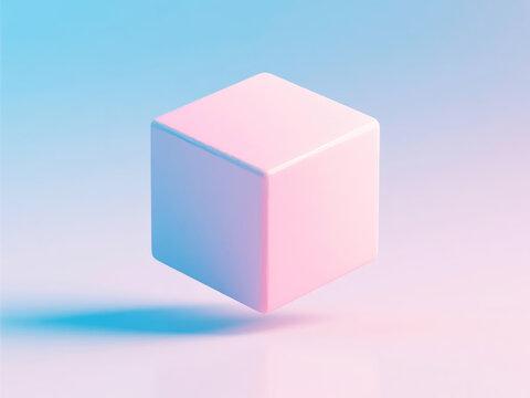 A softly lit, pastel-colored cube floating above a reflective surface with a gradient background.