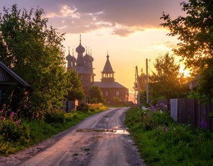 Obraz premium Rustic village church at sunset