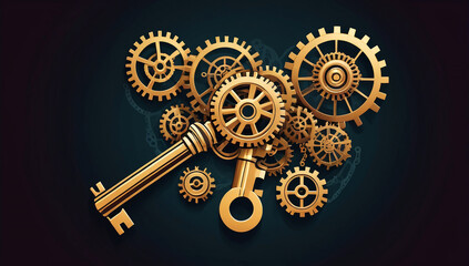 Obraz premium Conceptual illustration of a golden key unlocking the intricate mechanics of a successful engine, representing strategy and solutions
