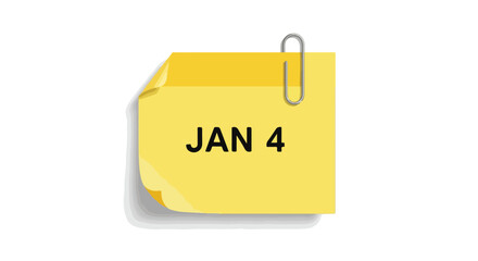 Simple reminder: yellow sticky note with the date january 4, clipped on a white surface background visual 3d conceptual minimal style design 2024