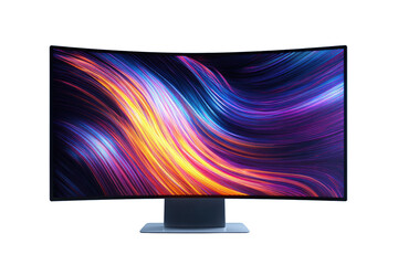 Curved monitor displaying vibrant, abstract light streaks, showcasing modern technology and design. background removed