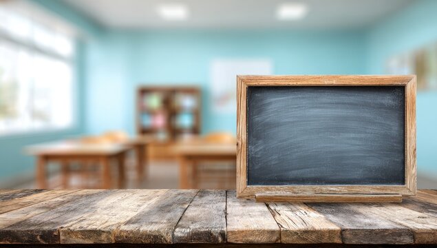 Empty chalkboard on rustic wooden table in a blurred classroom